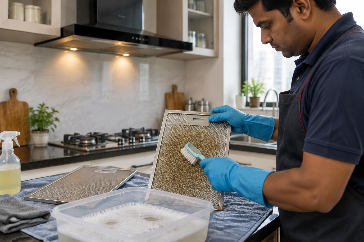 Technician carefully cleaning a greasy metal kitchen chimney filter