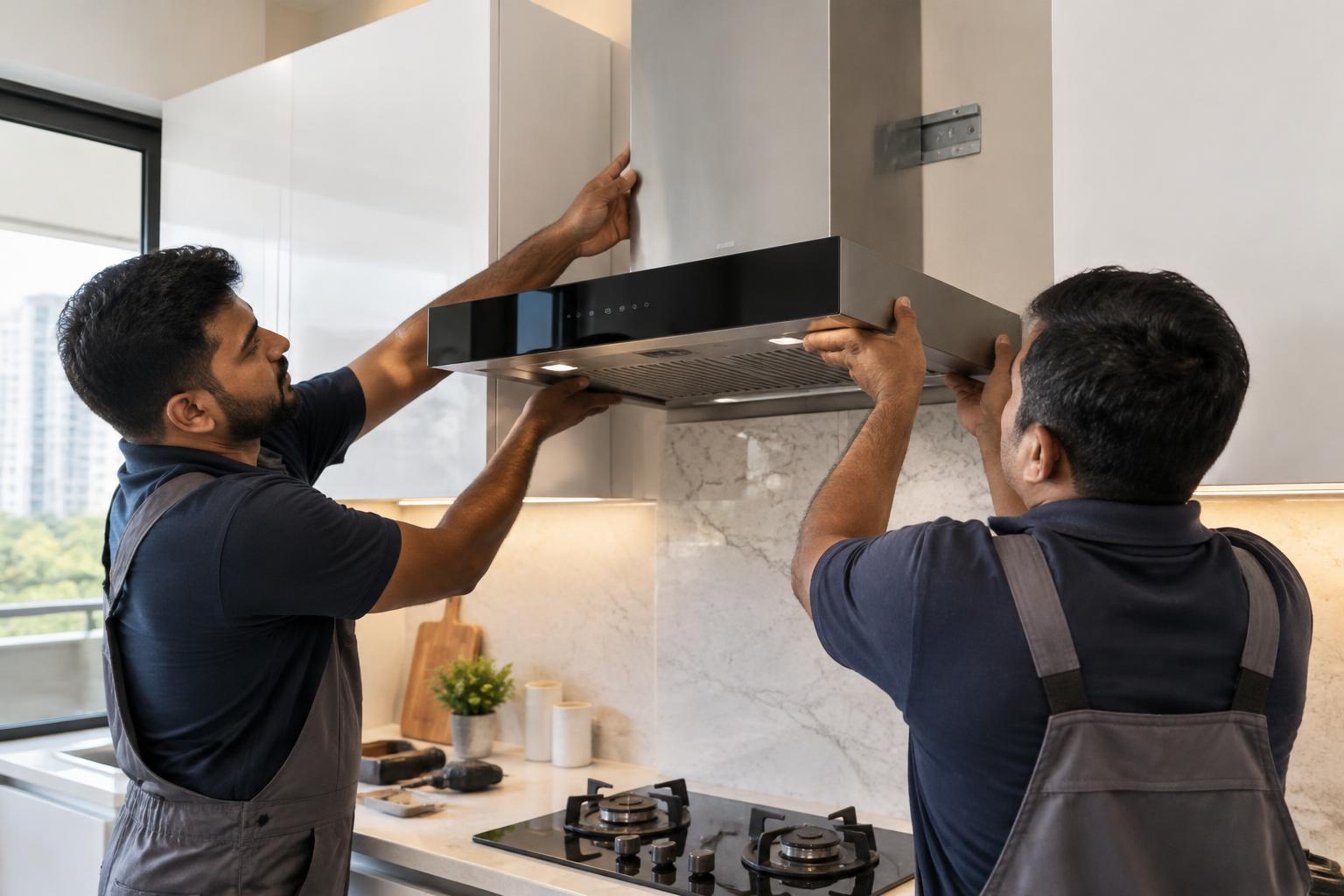 Two technicians fitting a kitchen chimney above a home cooktop
