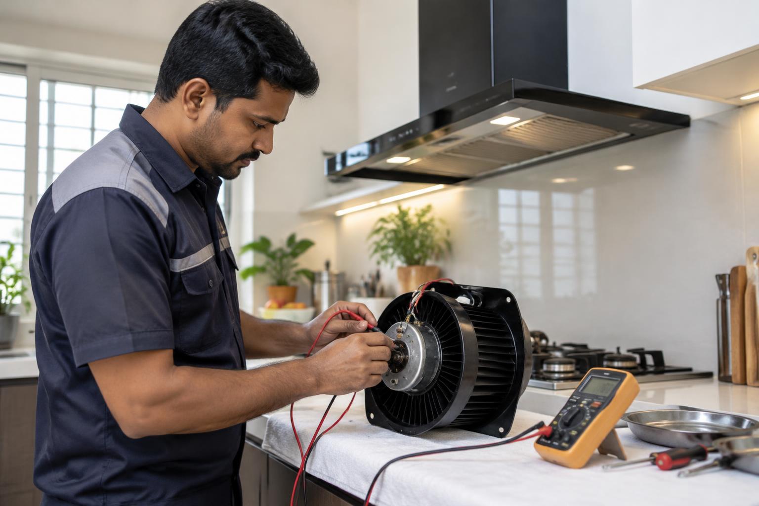 Technician inspecting a kitchen chimney motor on a work surface