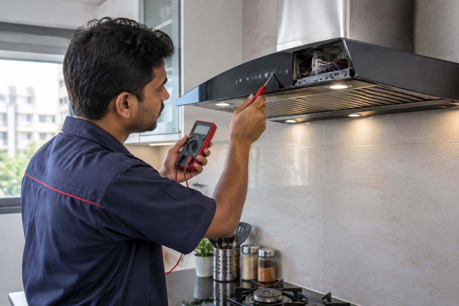 Technician inspecting the controls of a kitchen chimney