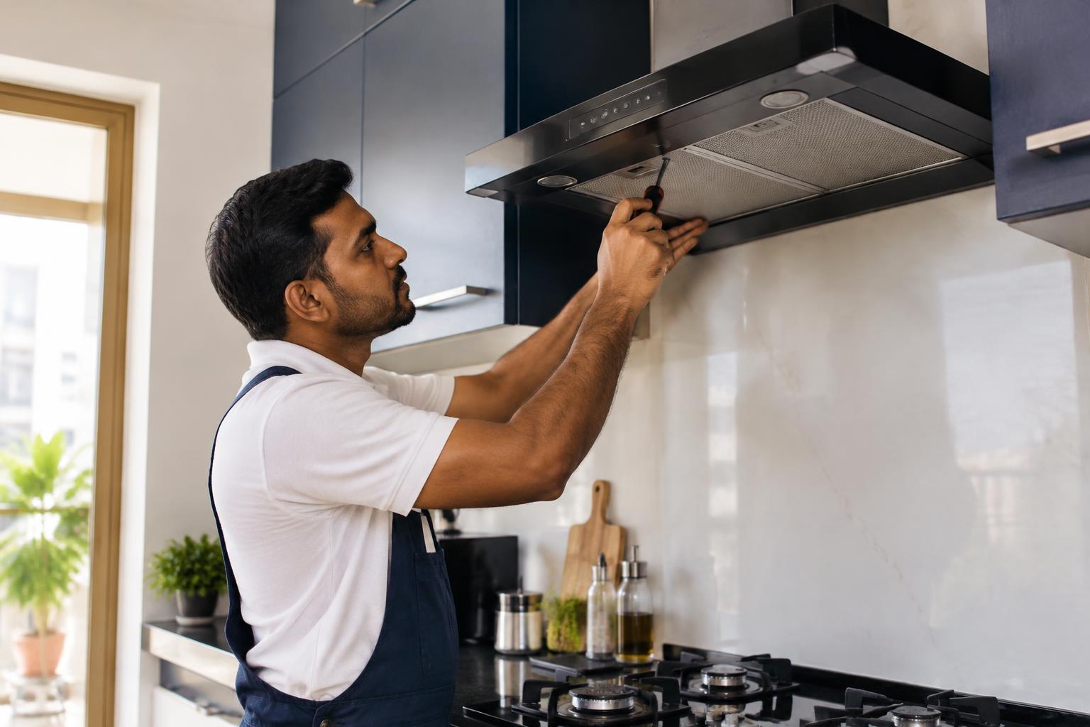 Technician providing routine service to a kitchen chimney at home